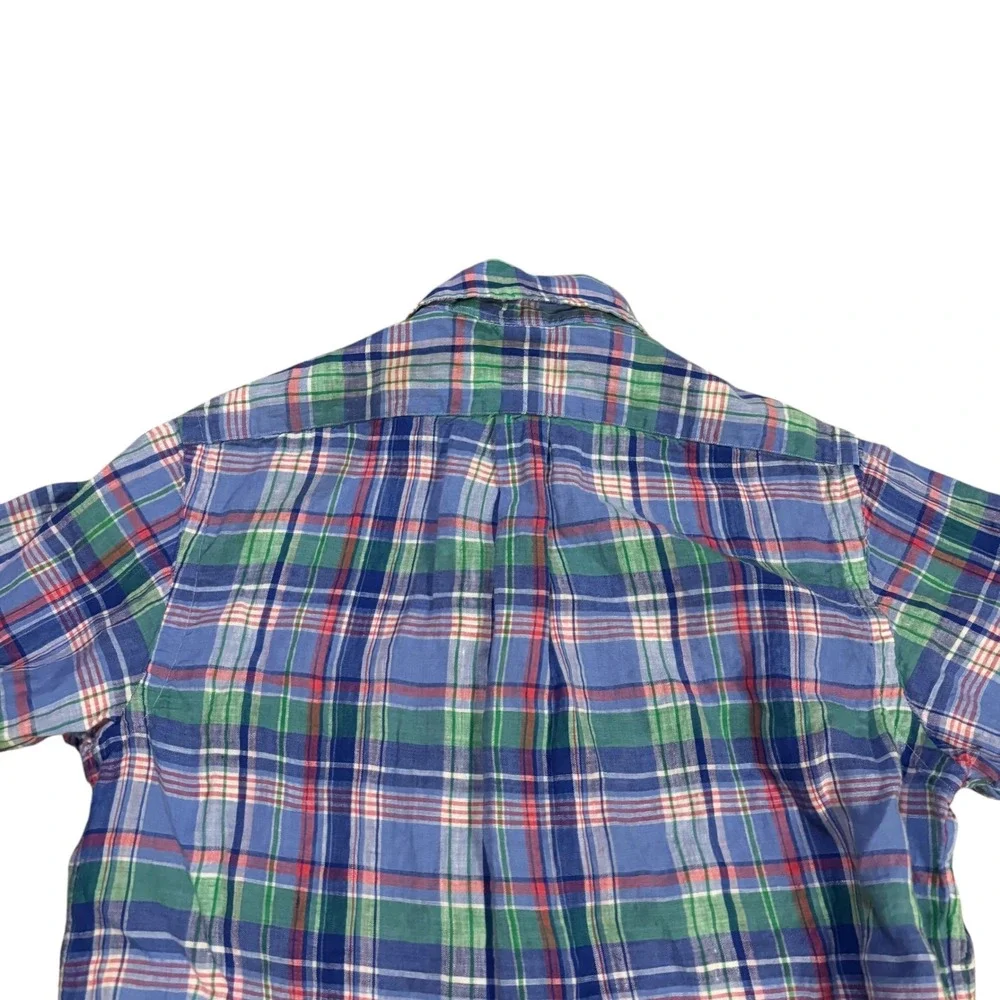 Ralph Lauren Mens S Short Sleeve 100% Linen Plaid Button Down‎ Shirt Blue Green